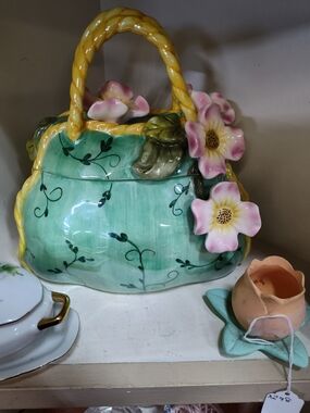 Decorative Mint Green Floral Ceramic Handbag Figurine with Pink Flowers